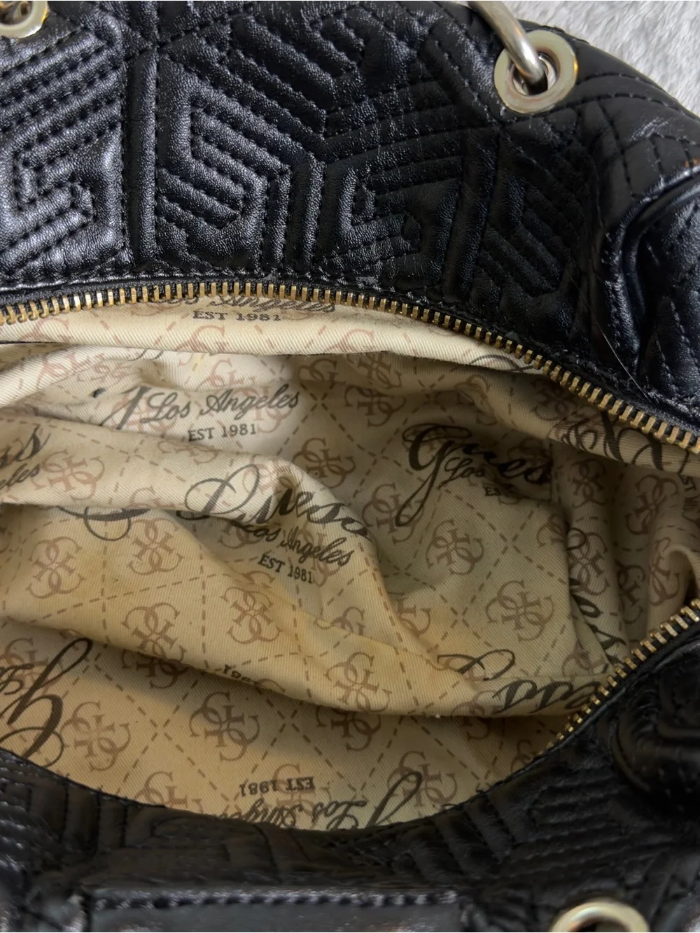 Guess Geometric Quilted Barrel Satchel Bag Black 3D Cube Top Handbag Purse